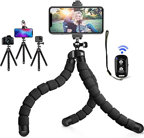 Phone Tripod, Portable and Flexible Cell Phone Tripod Stand with Remote, Travel Mini Tripod for iPhone 13 12 11, GoPro, Compact Digital Camera, for Video Recording
