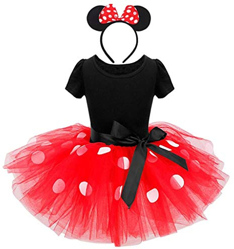 Lito Angels Minnie Fancy Dress Up Costume with Mouse Ears Bowknot Hair Hoop for Kids Girls, Halloween Birthday Party Polka Dot Tutu Skirt, Age 6-7 Years, Red
