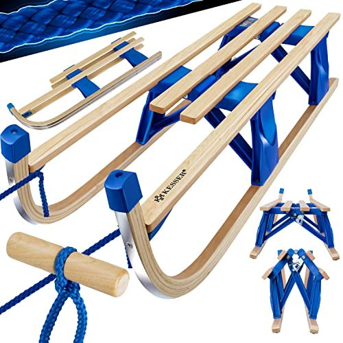 KESSER® Holzschlitten Premium Schlitten mit Rückenlehne faltbar Kinder Faltschlitten bis 120Kg Kinderschlitten 110cm aus Buchenholz lehne inkl. Zugseil Schieber Metallkufen