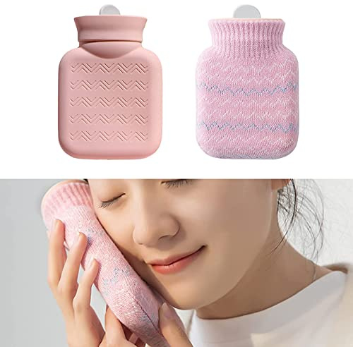 Yundxi Hot Water Bottle for Hot Compress and Cold Therapy, Microwave Heated Hot Water Bottle with Knit Cover, Reusable Mini Silica Gel Hand Warmers Hot Water Bag (Pink)