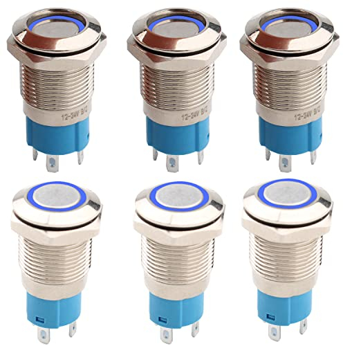 RUNCCI-YUN 6 Piezas 12mm Autobloqueo Pulsador de Metal DC 3A 12V-24V Acero Inoxidable Impermeable Interruptor de Botón Redondo para Coche Lámpara Timbre (Cabeza Plana) Anillo de Luz LED Azul