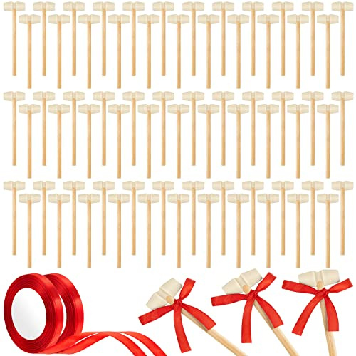 Deekin 75 Pcs Mini Wooden Hammers Bulk for Chocolate with Red Ribbons