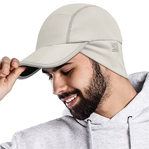 GADIEMKENSD Fleece Ball Cap with Drop Down Ear Warmer Foldable Brim Reflective Winter Running Hats for Women Mens Baseball Cap Earflap Covers for Outdoor Hunting Hiking Golf Snow Ski Unisex Khaki