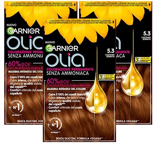 Garnier Olia Permanente Haarfarbe ohne Ammoniak, Färbung mit Blütenölen natürlichen Ursprungs mit aufhellender und nährender Wirkung, Farbe 5.3 Kastanienbraun - 3 Packungen