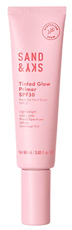 Sand & Sky Tinted Glow Primer LSF 30 Sonnenschutz – Australischer Make-up-Primer mit Breitband-Sonnenschutz und rosiger Tönung | Verbessert die Pigmentierung, strafft die Haut und mindert Rauheit