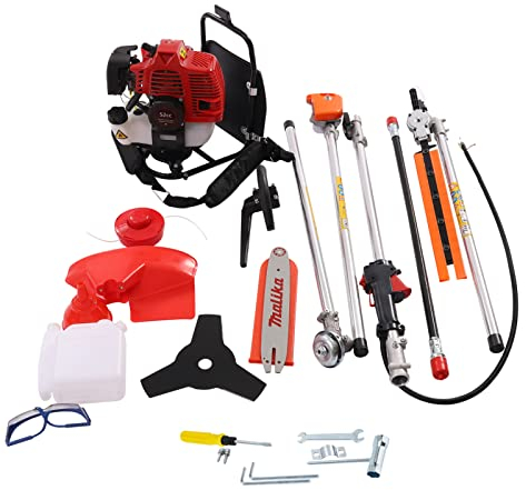 GMSLuu Multifunktionsgerät Heckenschere Benzin 4-in-1 Rasenmäher Rucksack Heckenschere Hochentaster mit Schultergurt rot