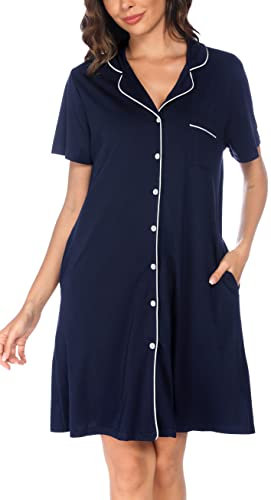 Vlazom Camicia da Notte Donna Estiva con Bottoni, Manica Corta Aperta Davanti, Pigiama Donna Corto, Vestaglie Estive, XL, Blu Marino
