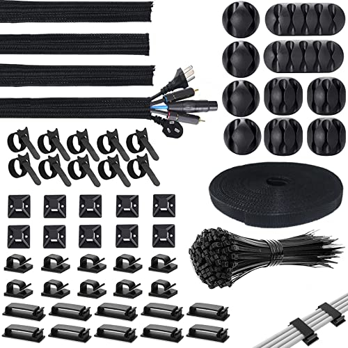 155 Piezas Kit Organizador de Cables, 10 + 1 Rollo de Sujeta Cables, 4 Cubre Cables, 100 Bridas para Cables, 10 Soporte Adhesivo para Bridas y 30 Clips de Cable, para el Hogar y la Oficina.