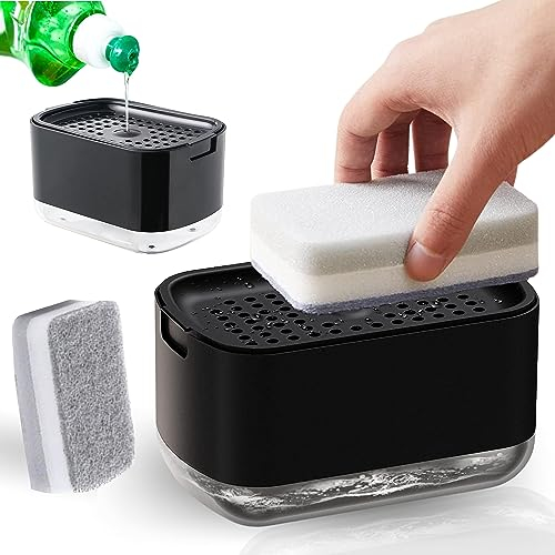 Dispensador Jabon Cocina Con Estropajo Jabonoso Incluido. Dosificador Jabon Cocina Con organizador estropajo fregadero. Jabonera Cocina. Elegante Dispensador De Jabon Color Negro 🖤