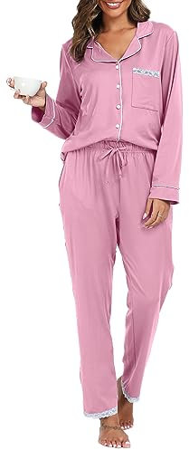 Vlazom Pigiami Due Pezzi Donna, Morbidi Set Pigiama da Donna Scollo a V Maniche Lunghe con Bottoni Set Pigiama da Notte,XXL,A-Rosa