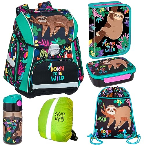 Goldkids Schulranzen Born to be wild Schulranzen-Set Kinderrucksack, Federmappe, Schuhbeutel, Trinkflasche, Brotdose, Regenschutz Motivdruck Faultier 6-teilig