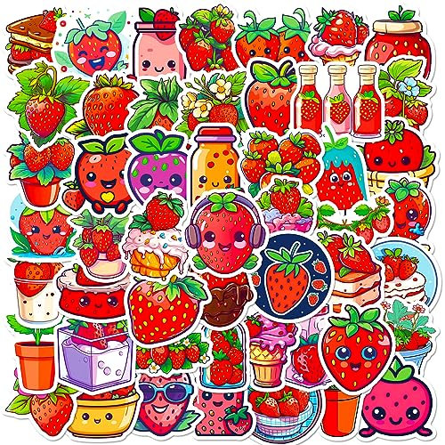 Red Heart Strawberry Stickers for Laptop (50 PCS),Gift for Children Teens Adults Girl Boys,Waterproof Stickers for Water Bottle,Strawberry Vinyl Stickers for Scrapbook,Skateboard,Bike,Phone,Dairy