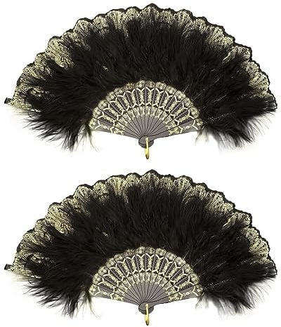 SKHAOVS 2 Pcs 1920s Vintage Style Folding Handheld Feather Fan, Marabou Feather Fan, Flapper Folding Hand Fans Feather Fan Handheld for 20s Vintage Gatsby Party,for Halloween Dress up Costume (2 Pcs)