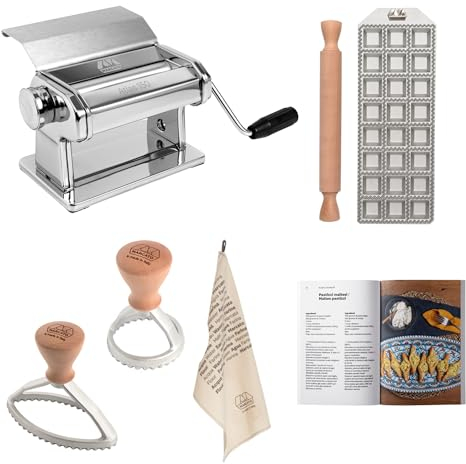 Set de Preparación de Pasta y Raviolis, Máquina de Pasta Atlas 150 Slide + Molde para 24 Raviolis Cuadrados (35 mm) + Rodillo de Pasta + Molde Redondo + Molde Ovalado + Paño de Cocina+Libro de Recetas