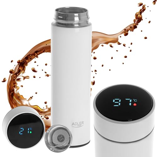 ADLER EUROPE Taza térmica AD4506W, termo para café y té, 473 ml, caliente hasta 8 horas, frío hasta 12 horas, pantalla con temperatura, separador de posos, acero inoxidable