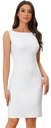 Allegra K Robe Fourreau Femme sans Manches Robes Business de Bureau Décontractées à Col Bateau Robe Midi Moulante Cocktail Blanc S