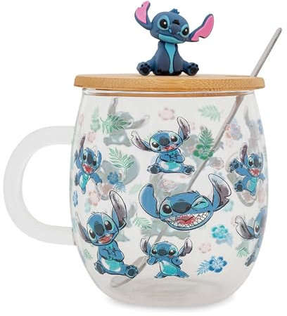 Disney Lilo & Stitch Expressions Glass Mug With Lid and Spoon | Holds 17 Ounces