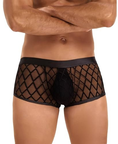 comeondear Sexy Boxershorts PU Leder für Männer Erotische Latex Slips Unterwäsche Herren Sissy Dessous Reizwäsche Große Größen Unterhosen mit Bulge Briefs Transparent Mesh Wetlook Clubwear Schwarz,L