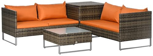Outsunny 4 Seater Rattan Corner Sofa Set, Wicker Rattan Garden Furniture Set with Loveseats, Tables, Cushions for Outdoor, Patio, Orange