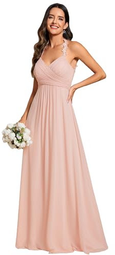 Ever-Pretty Robe Demoiselle d'honneur Femme Fleurs Bretelles Plissé sans Manches Mousseline Col V Taille Empire Rose 48