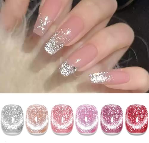 BORN PRETTY Reflective Glitter Gel Polish Magnetic Gel Polish Galaxy Gel Cat Gel Eye Effect 6 Colors Silver Purple Pink Soak Off Nail Art Salon Home Manicure Gift