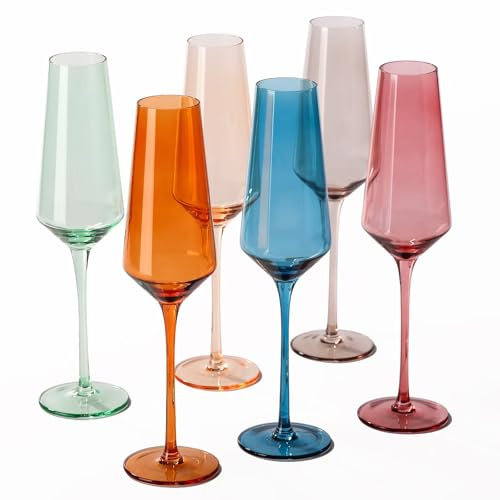 Colored Champagne Flutes Set of 6, Large 8.5 Oz Hand Blown Crystal Glasses,Wedding Gifts-Color Champagne Glass -Classy Champagne Flutes - Great for All Occasions