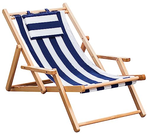 Preferspace Chaiselongue-Sessel für den Außenbereich, Set mit 2 Terrassenliegen mit 4-Fach Verstellbarer Rückenlehne & Arm & Baumwolle Leinen Stoff, Relaxsessel aus Holz für Strand, Pool, Balkon