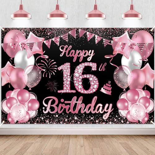 16.Geburtstag Banner Rosérot Schwarz, Waylipun 16 Geburtstag Party Hintergrund Deko, Großes Stoff 16 Jahr Geburtstagsdeko Poster für 16. Mädchen Tisch Wand Dekoration Zubehör, 180 x 110 cm