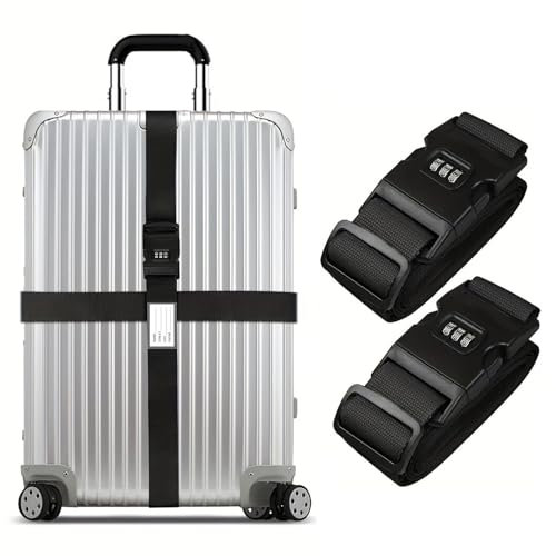 Koffergurte 2 Stück, Verstellbar Koffergurt, 5 * 200cm Koffergurt Mit Zahlenschloss, Kofferbänder Mit Namen, Kofferband für Koffer Gepäck Reisetasche(Schwarz)