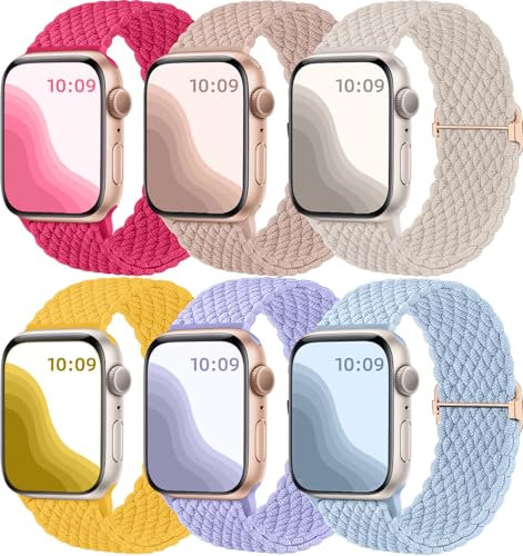 Maledan Paquete de 6 correas trenzadas Solo Loop compatibles con Apple Watch de 44 mm, 45 mm, 42 mm, 46 mm, 49 mm, para mujeres y hombres, correa deportiva elástica de nailon ajustable para iWatch SE