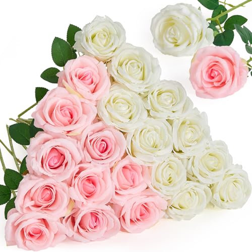Alecono Künstliche Rosen mit Stielen für Brautstrauß, 10,2 cm, rosa und weiße Rosen, künstliche Blumen mit Stielen für Brautstrauß, DIY-Arrangement, Heim-Party-Dekor