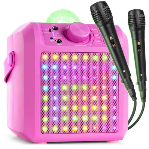 Fenton KAR55P Enceinte Karaoké Enfant Bluetooth avec Façade Lumineuse et Jelly Ball 50 Watts - Rose, Batterie Intégrée, 2 Micro Inclus, Une Activité Ludique pour Les Enfants et Les Anniversaires