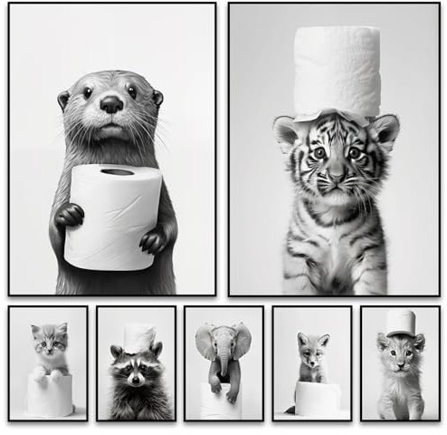 Affiche Murale Noir et Blanc Humour Animaux Photos Deco Salle de Bain Tableau Poster WC Art Affiche Drole Toilette Tableau Humoristique WC Toile Poster Mural Chambre Adulte Rigolo Funny Amusante