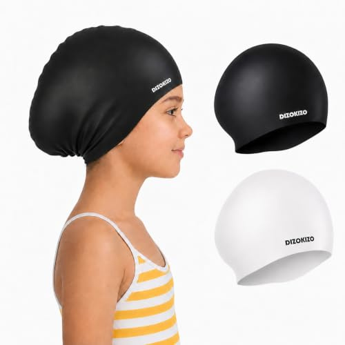 Dizokizo 2pcs Bonnet de Bain en Silicone pour Enfants 6-14 Ans, Haute Élasticité Confortable Anti-Dérapant pour Filles et Garçons, Bonnet de Natation Durable Imperméable pour Cheveux Longs et Courts