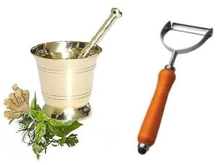 BRACOP® Mortar Pestle Set Of 2 Pcs Hamam Dasta Brass Vegetable Peeler Manual Grinder Bowl Handmade Indian Kitchen Tool For Grinding Spices, Herbs Pepper Ginger Garlic Masher Cooking Accessories