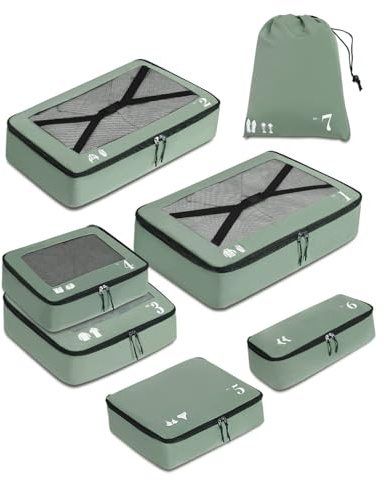 ECOHUB 7 Teilig Koffer Organizer Set, Packing Cubes mit Reißverschluss, Recyceltes PET Packwürfel Set, Packtaschen für Koffer, Organizer Koffer für Urlaub und Reisen, Reise Organizer Set (Grün)