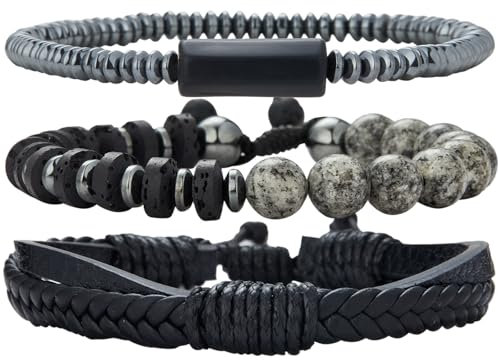 Bracciale Uomo Set Braccialetti in Pelle e Corda Intrecciata e Perline Bracciale Multistrato Regolabile Gioielli Regalo per Festa del Papà(Black Grey)