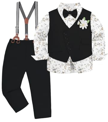 ChYoung Baby Boy Clothes Suit 5 Pcs Gentleman Outfits Toddler Bow Tie Shirts and Suspenders Pants Formal Clothing Set (Black, 3-4 Years)