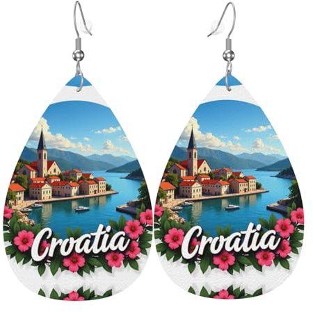 Kroatien Malerisches Dorf Teardrop Leder Ohrringe Damen Druck Anhänger mit Haken Mode Vintage Party Alltag, Einheitsgröße, Leder