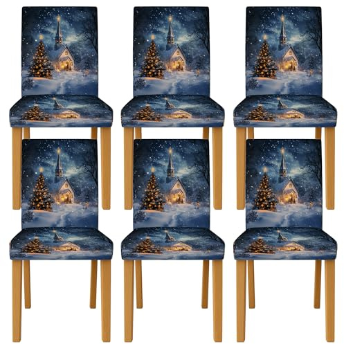 Stuhlhussen für Kirchenstühle für Esszimmerstühle, Winter, festlicher Weihnachtsbaum, Schnee, Weihnachten, blau, waschbar, wiederverwendbar, elastisch, Stuhlschoner für Küche, Esszimmer, Restaurant