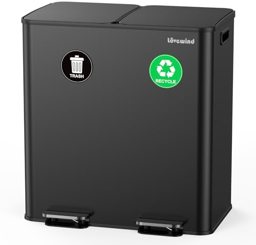 lovewind Kitchen Bin,2 X 30L Dual Compartment Pedal Recycling Bins for Kitchen,Stainless Steel Rubbish Bin with Inner Buckets, Soft Close, Wide Step-On Pedal,Airtight Design,for Home Office,Black