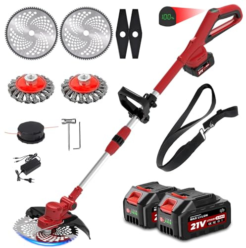 Akku Rasentrimmer mit 21V Akku*2 und 3 Messer, 3 in 1 Freischneider Akku Garten Motorsense für Yard Trimming
