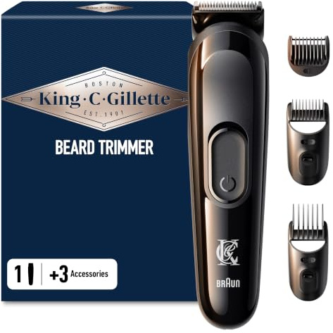King C Gillette Barttrimmer Herren, Kabelloser Bartschneider, Trimmer für einen schnellen, Scharfen und effizienten Schnitt — Inkl. 1 Reinigungsbürste, 5 Kammaufsätzen und 1 Ladegerät — Schwarz