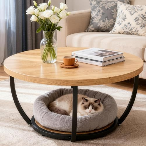 Mingone Runder Couchtisch Ø80 cm – 2-stöckiger Wohnzimmertisch | Holzakzent-Mitteltisch mit offenem Stauraum, Industrie-Design für Wohnzimmer, Home Office(Holzmaserung und Schwarz)