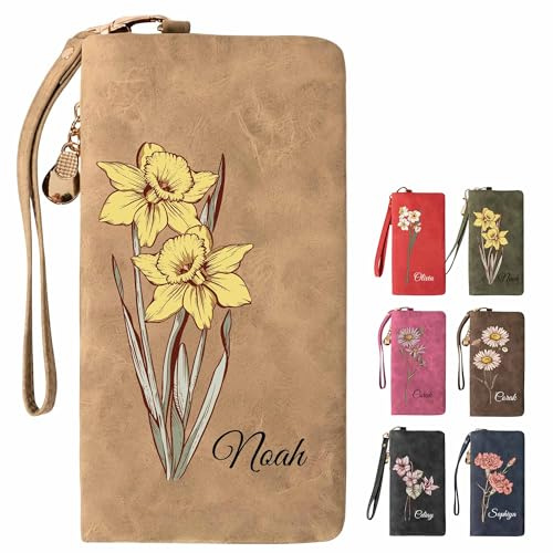 CGFN Personalisierte Geldbörse Damen mit Namen (Khaki,18.5x3x9.5cm) | Geburtsblume,Portemonnaie als Geschenk für Frauen zum Muttertag,Geburtstag,Brieftasche Damen mit Doppelreißverschluss Vintage