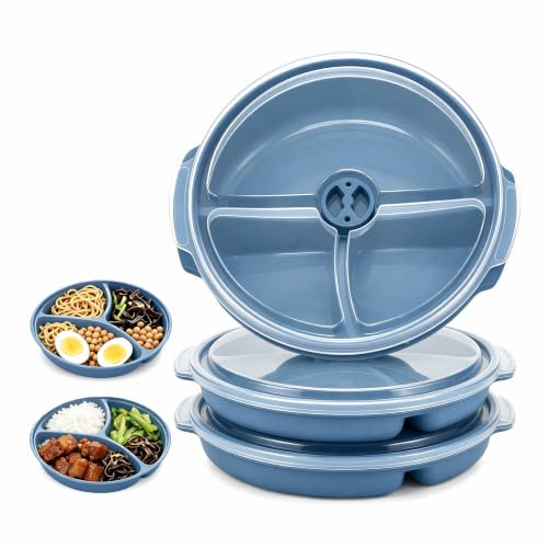 Lot de 3 assiettes pour micro-ondes avec couvercle de division à 3 compartiments, 25 x 23 x 4 cm, réutilisables, passent au micro-ondes, pour réchauffer et congeler, bleu sarcelle