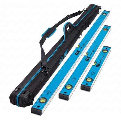 OX 3PC Pro Tuff Spirit Level Set with Carry Bag - 600mm,1200mm,1800mm | Durable Aluminium, Shock-Proof Rubber End Caps, Milled Surface Upto 1200mm, Ultra Precision Vials, Easyclean Clog-Free Design