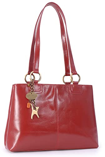 Catwalk Collection Handbags - Damen Leder Schultertasche - Handtasche Mittelgroß - Tote Bag - Arbeitstasche - Bellstone - Rot