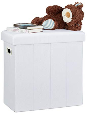 Relaxdays Sgabello Pieghevole, HxLxP: 49,5x46x25,5 cm, Pouf Contenitore, Lino, Poliestere, Legno MDF, Colore Bianco