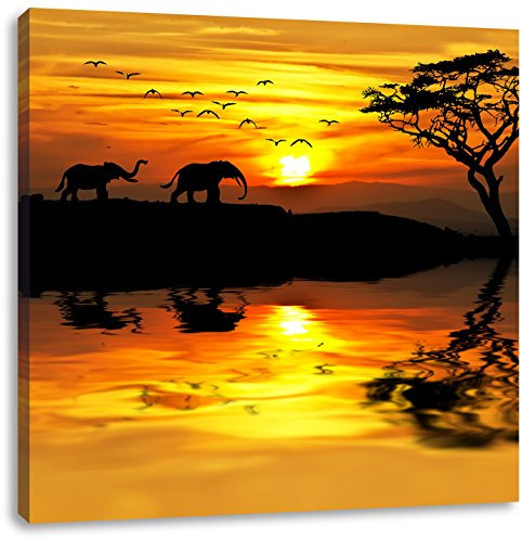 Pixxprint Elefanten in Afrikanischer Steppe, Größe: 70x70, Leinwandbild Quadratisch, Wandbild, Kunstdruck, fertig bespannt